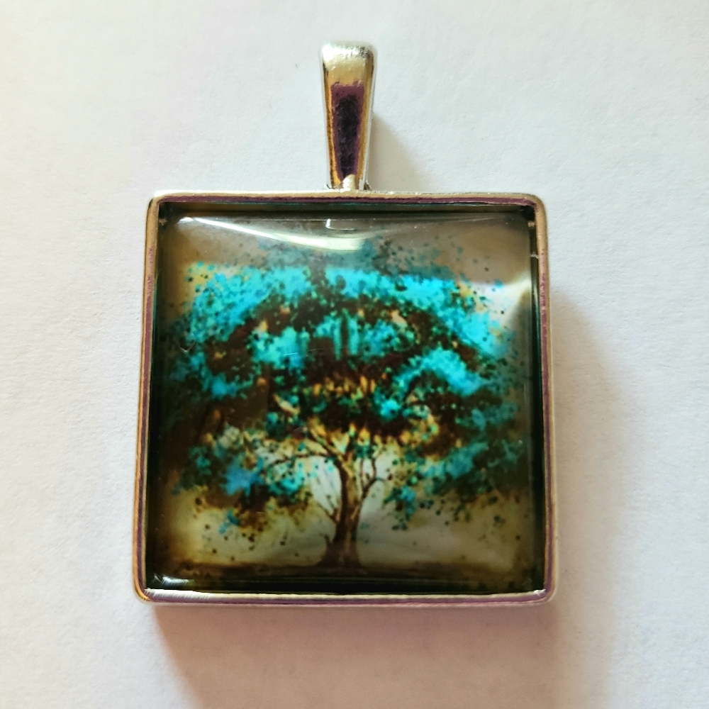 Tile Pendant Necklace Long Sweater Chain Art Picture Print Family Tree of Life